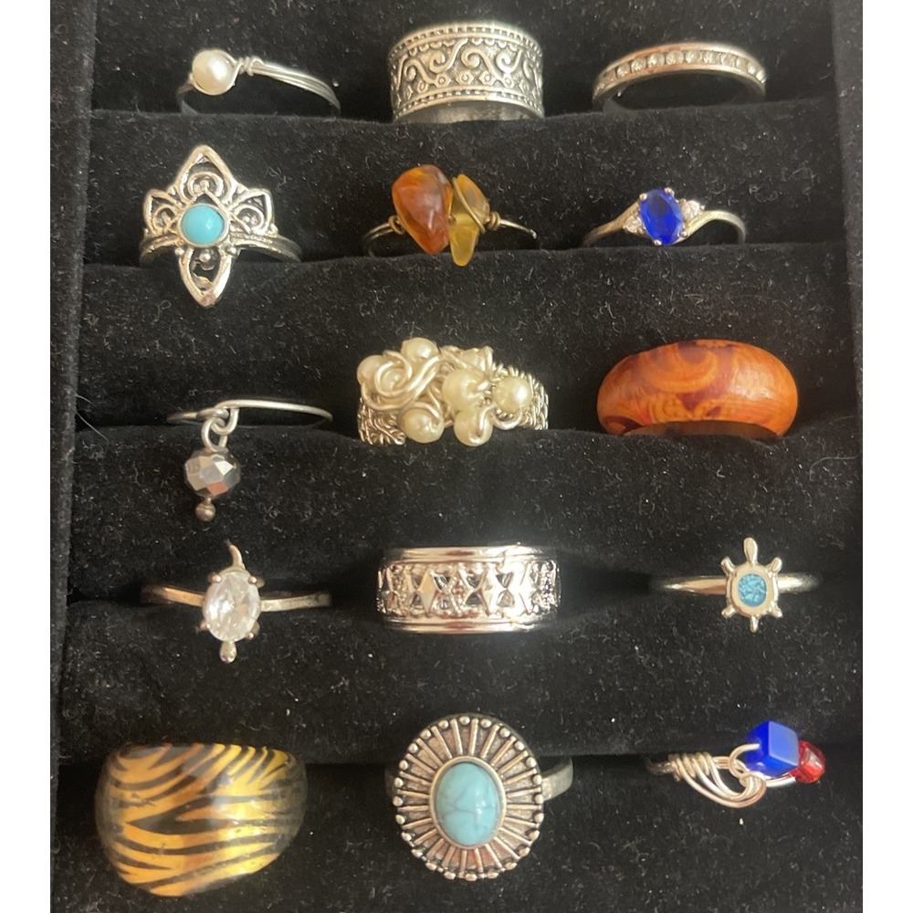 Lot of 15 Costume Rings Beads Stone Silver Gold Tone #7